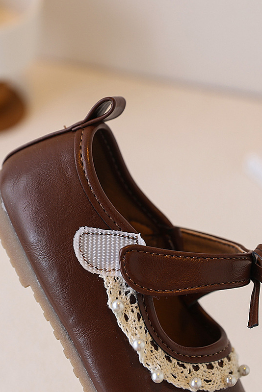 Brown Faux Leather Lace Pearl Decor Soft Sole Mary Jane Shoes