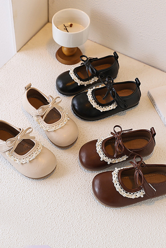 Brown Faux Leather Lace Pearl Decor Soft Sole Mary Jane Shoes