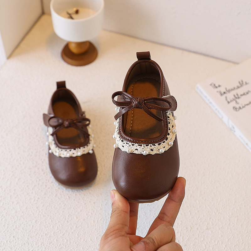 Brown Faux Leather Lace Pearl Decor Soft Sole Mary Jane Shoes