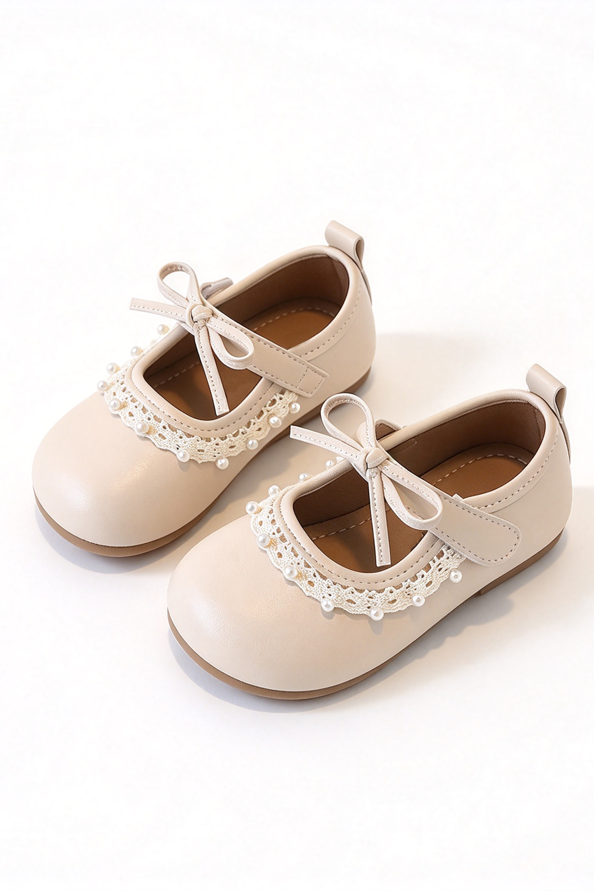 Brown Faux Leather Lace Pearl Decor Soft Sole Mary Jane Shoes
