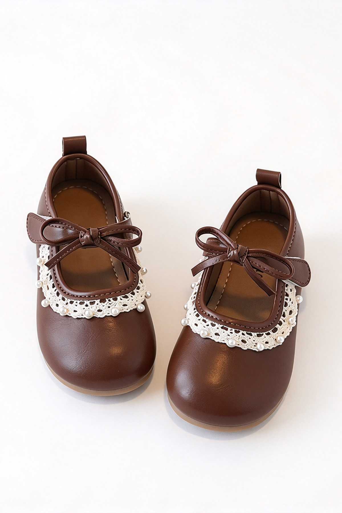Brown Faux Leather Lace Pearl Decor Soft Sole Mary Jane Shoes