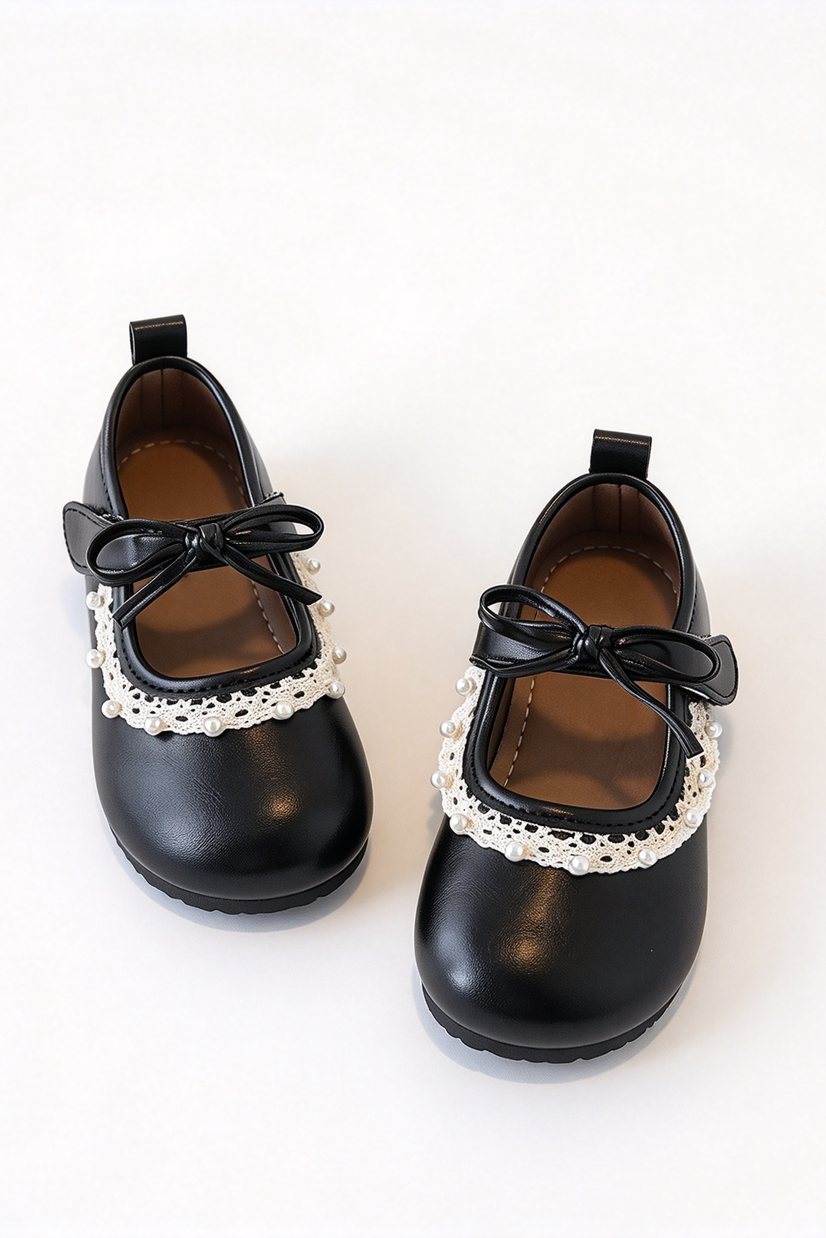 Brown Faux Leather Lace Pearl Decor Soft Sole Mary Jane Shoes