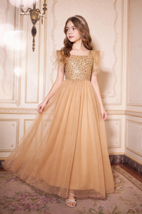 Champagne Girls Sequin Tulle Square Neck A-Line Formal Dress
