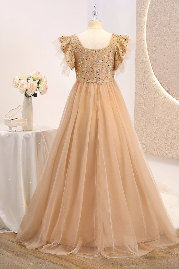 Champagne Girls Sequin Tulle Square Neck A-Line Formal Dress