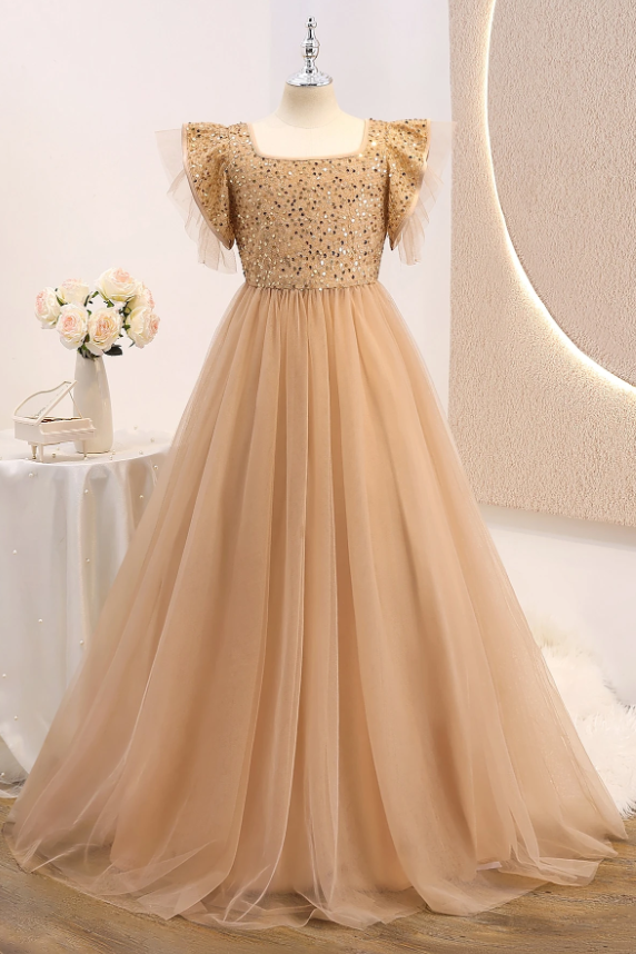 Champagne Girls Sequin Tulle Square Neck A-Line Formal Dress