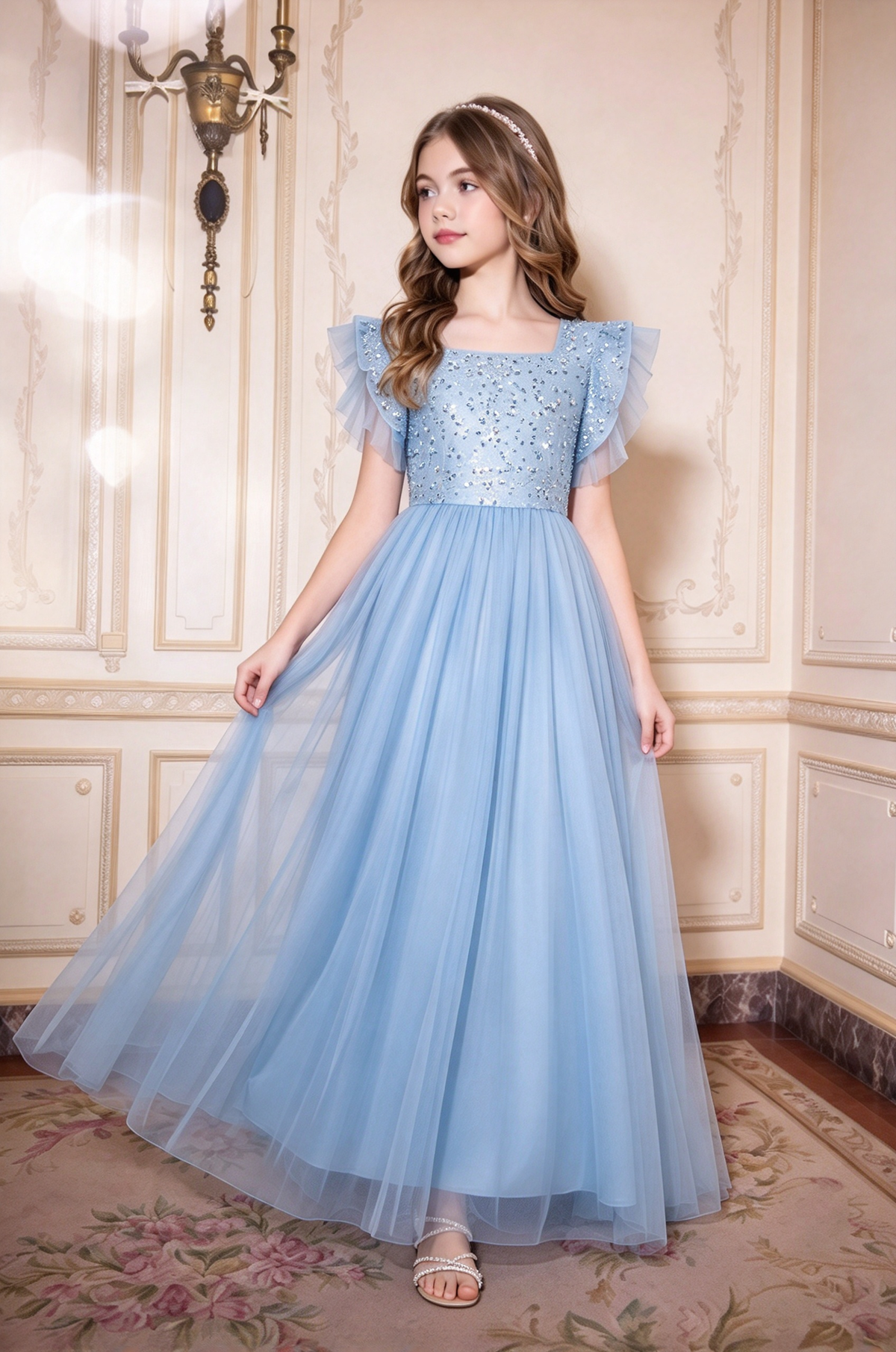 Champagne Girls Sequin Tulle Square Neck A-Line Formal Dress