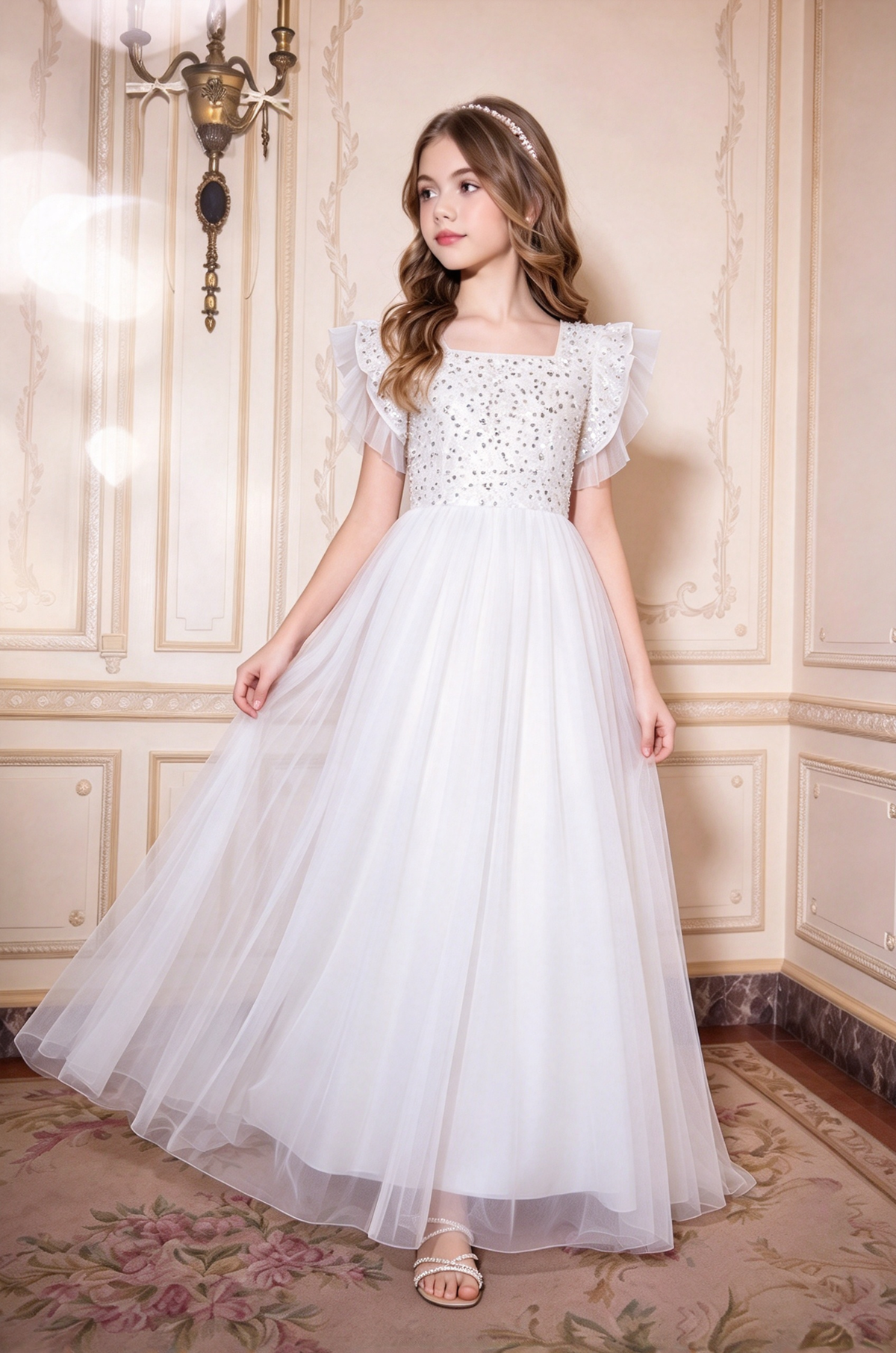 Champagne Girls Sequin Tulle Square Neck A-Line Formal Dress