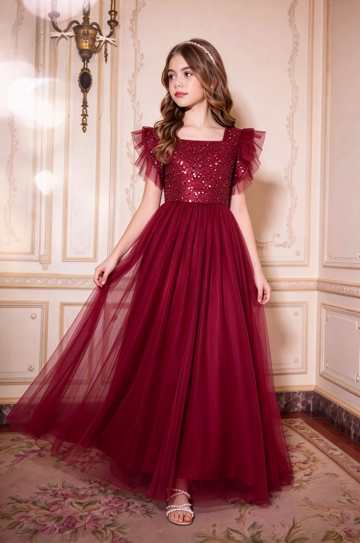 Champagne Girls Sequin Tulle Square Neck A-Line Formal Dress