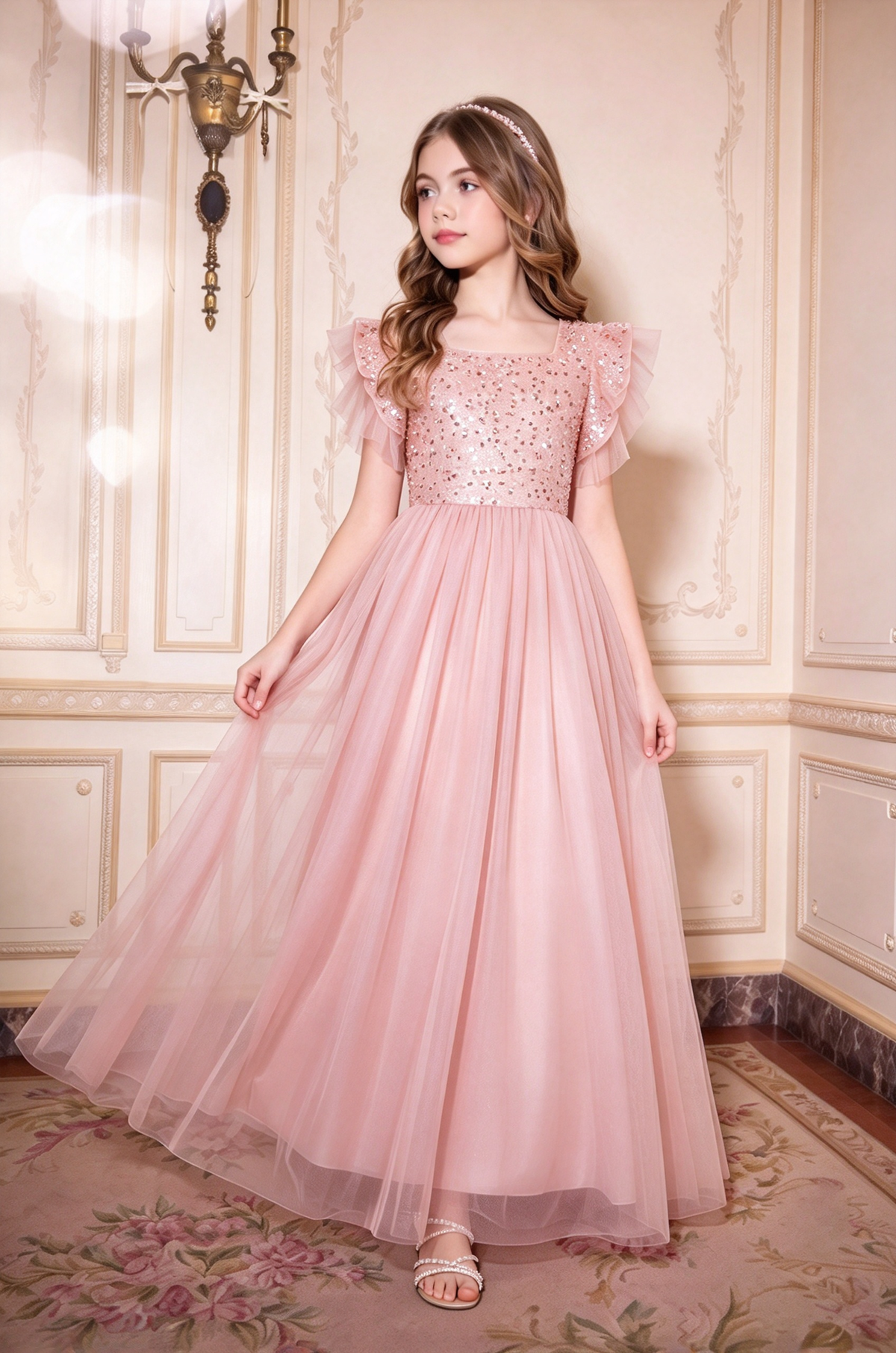 Champagne Girls Sequin Tulle Square Neck A-Line Formal Dress