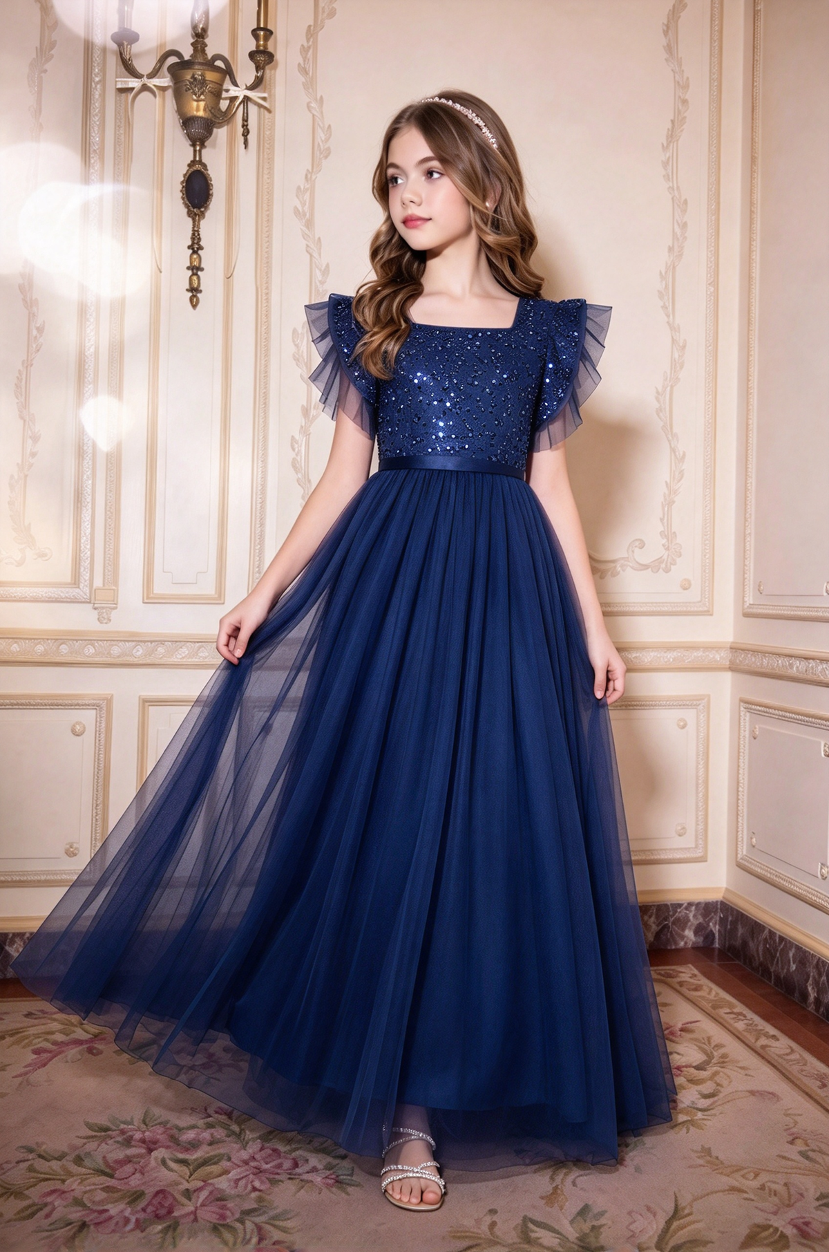 Champagne Girls Sequin Tulle Square Neck A-Line Formal Dress