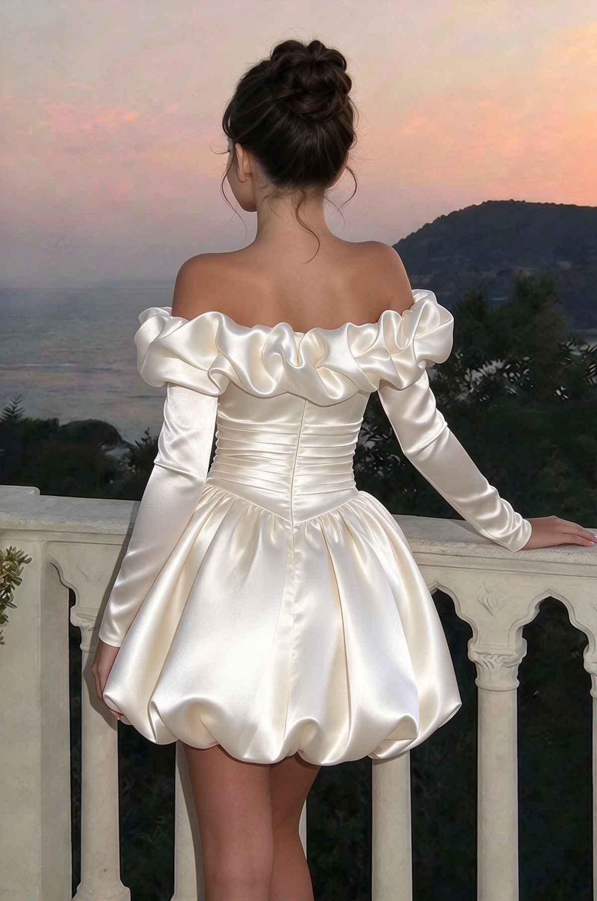 Cream White Girls Satin Off Shoulder Long Sleeve A-Line Formal Dress