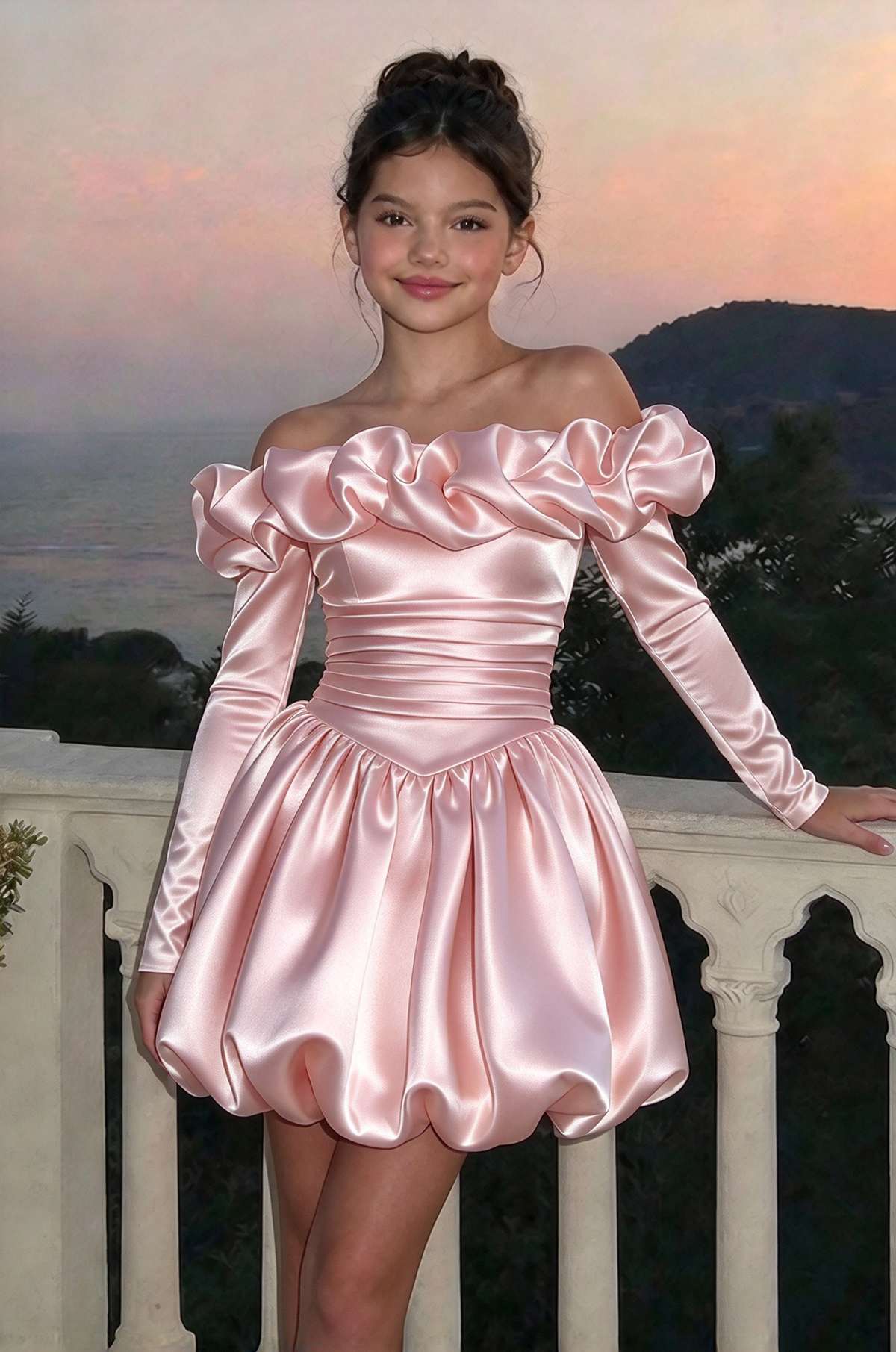 Cream White Girls Satin Off Shoulder Long Sleeve A-Line Formal Dress
