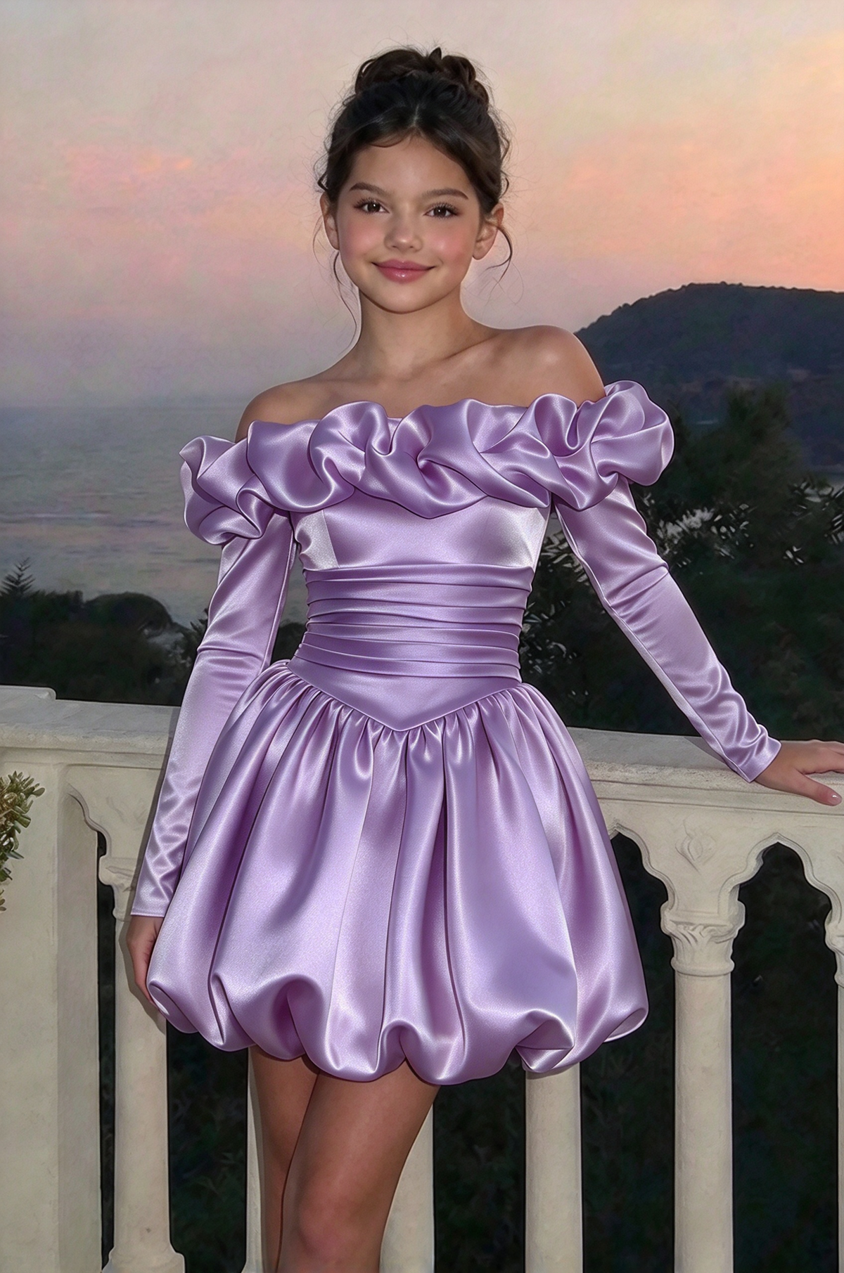 Cream White Girls Satin Off Shoulder Long Sleeve A-Line Formal Dress