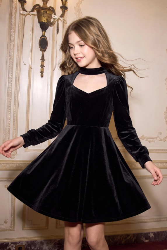 Rose Pink Velvet Girls Cutout Long Sleeve A-Line Formal Dress