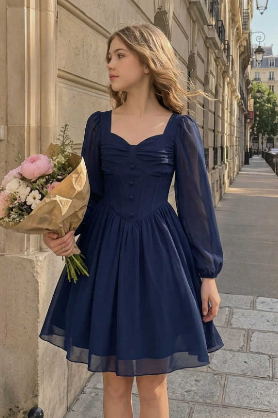 Light Pink Chiffon Girls Puff Long Sleeve Waisted A-Line Formal Dress
