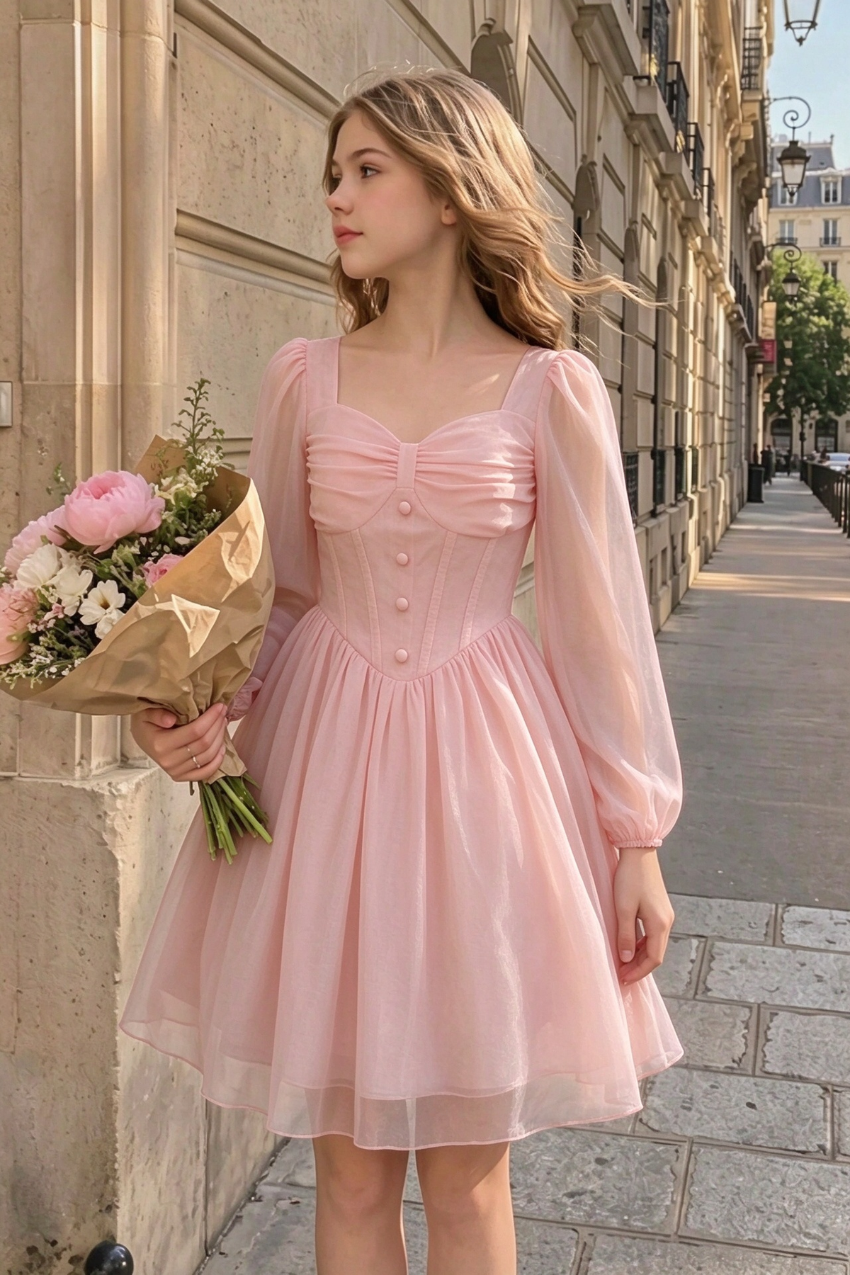 Light Pink Chiffon Girls Puff Long Sleeve Waisted A-Line Formal Dress