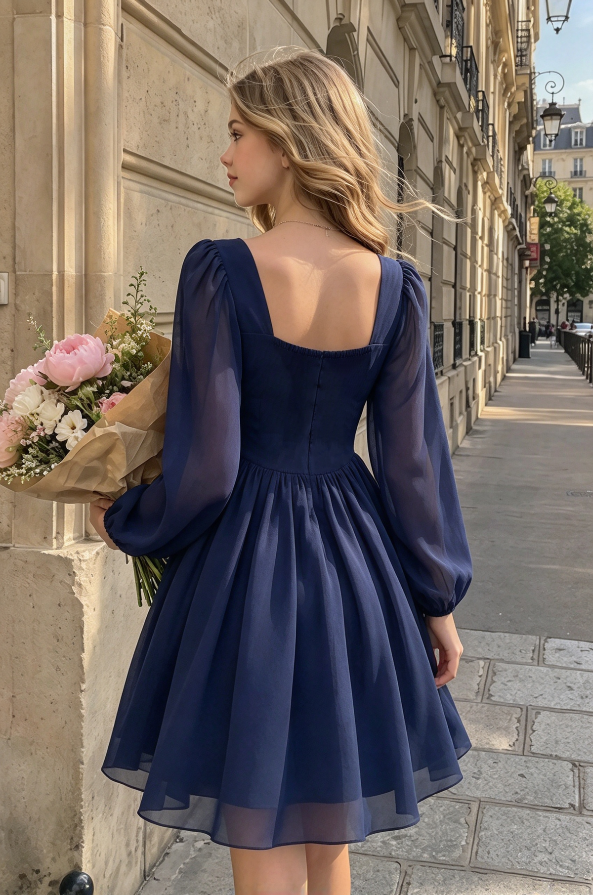Light Pink Chiffon Girls Puff Long Sleeve Waisted A-Line Formal Dress