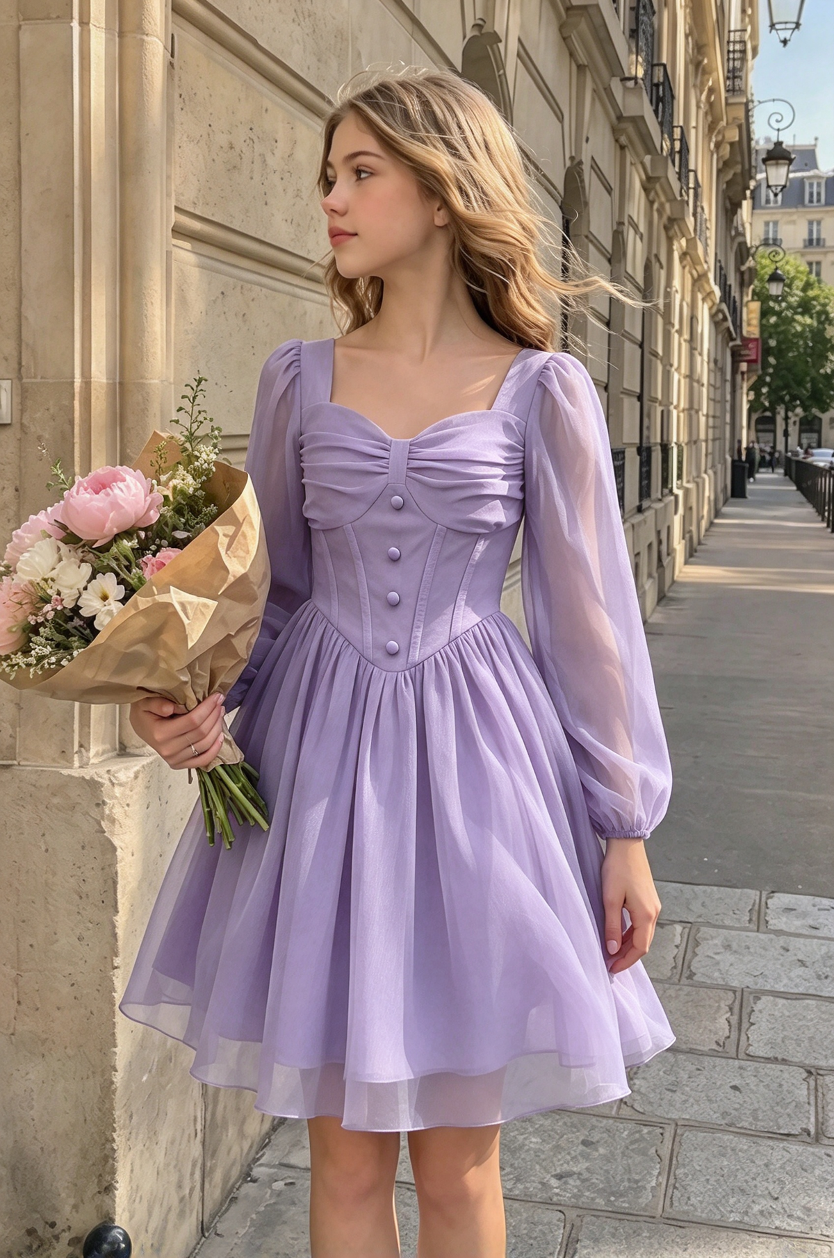 Light Pink Chiffon Girls Puff Long Sleeve Waisted A-Line Formal Dress