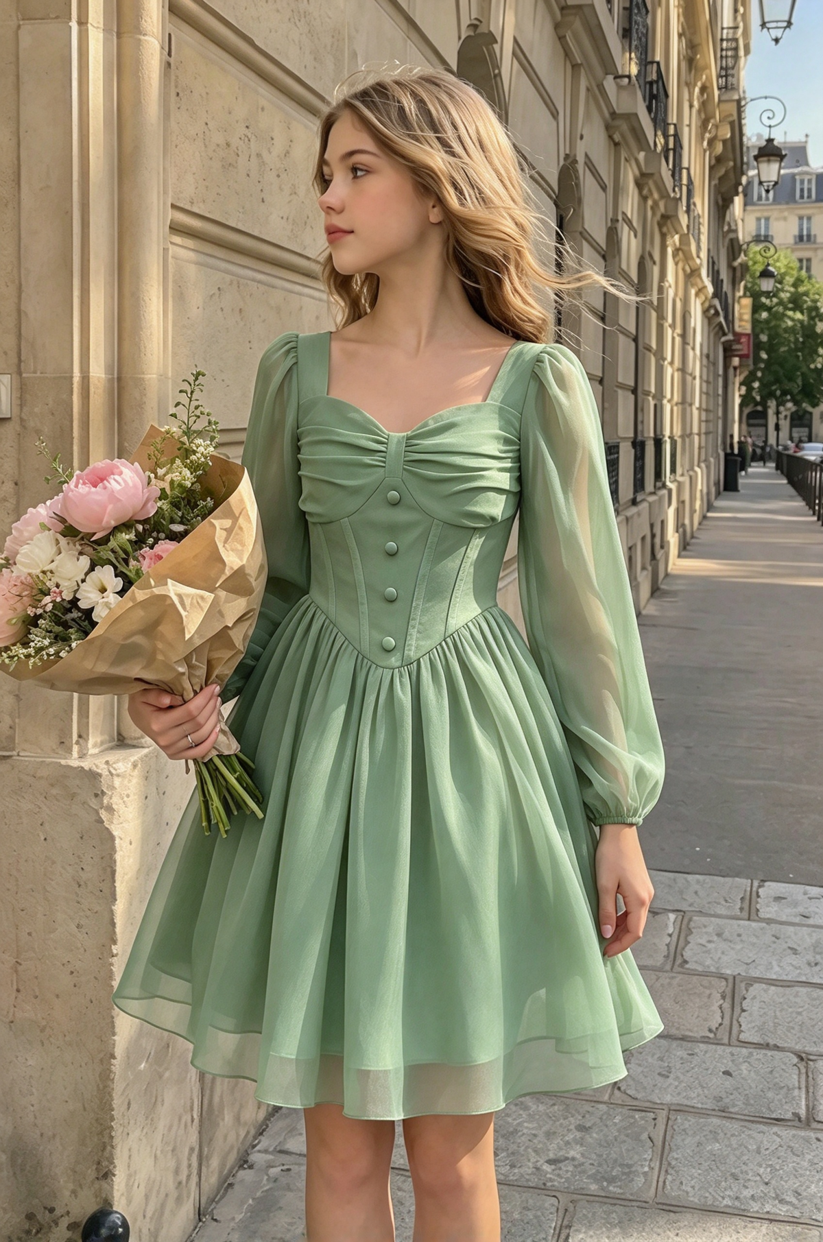 Light Pink Chiffon Girls Puff Long Sleeve Waisted A-Line Formal Dress