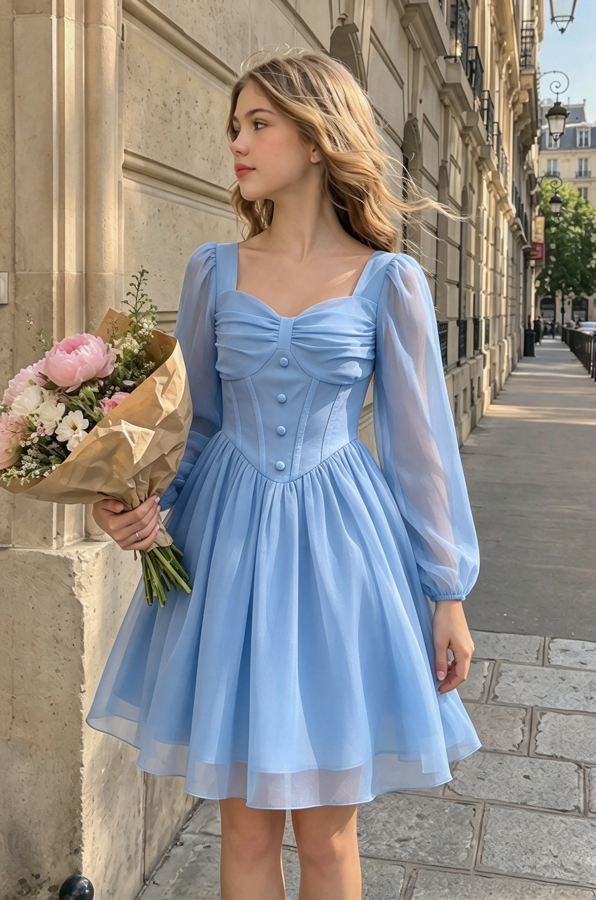 Light Pink Chiffon Girls Puff Long Sleeve Waisted A-Line Formal Dress