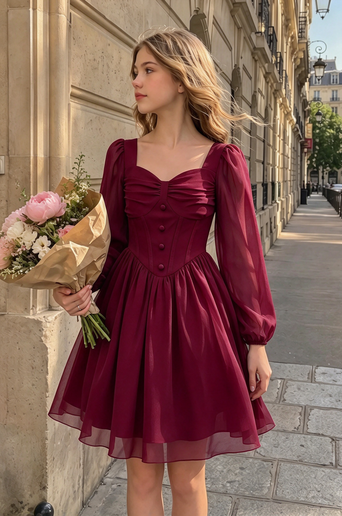 Light Pink Chiffon Girls Puff Long Sleeve Waisted A-Line Formal Dress