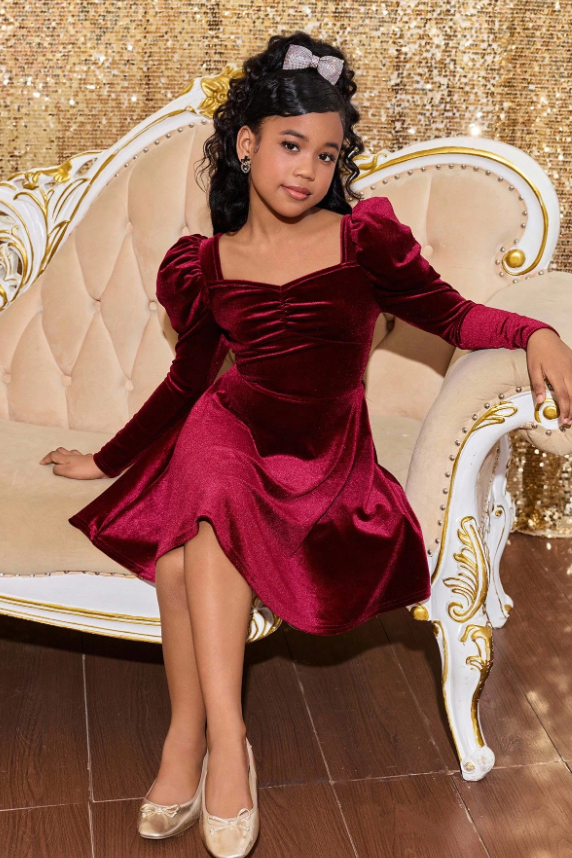 Burgundy Velvet Girls Puff Long Sleeve A-Line Formal Dress