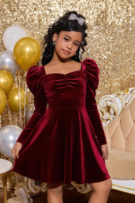 Burgundy Velvet Girls Puff Long Sleeve A-Line Formal Dress