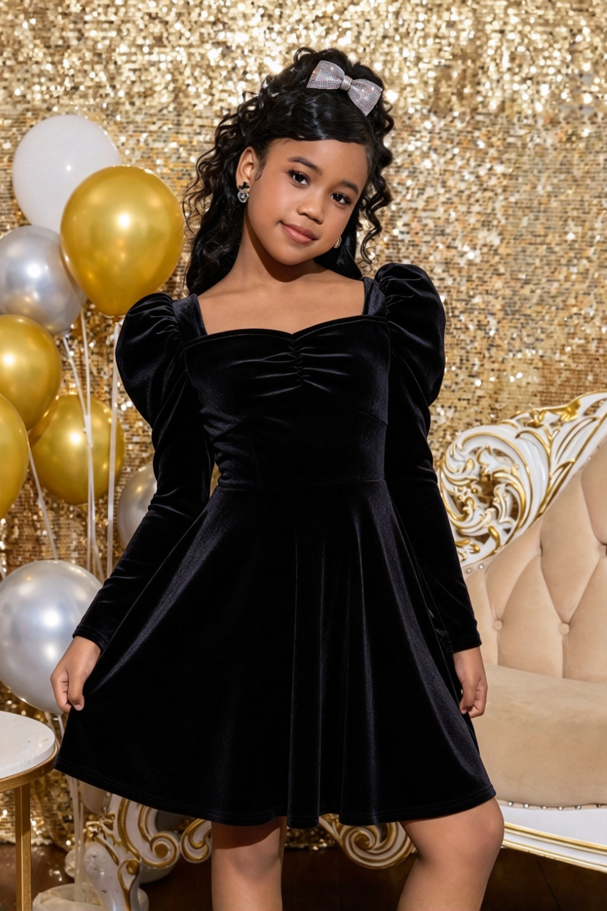 Burgundy Velvet Girls Puff Long Sleeve A-Line Formal Dress