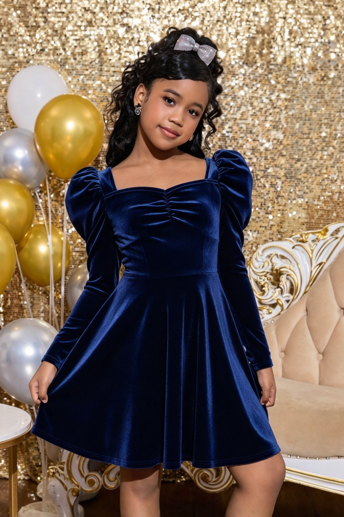 Burgundy Velvet Girls Puff Long Sleeve A-Line Formal Dress
