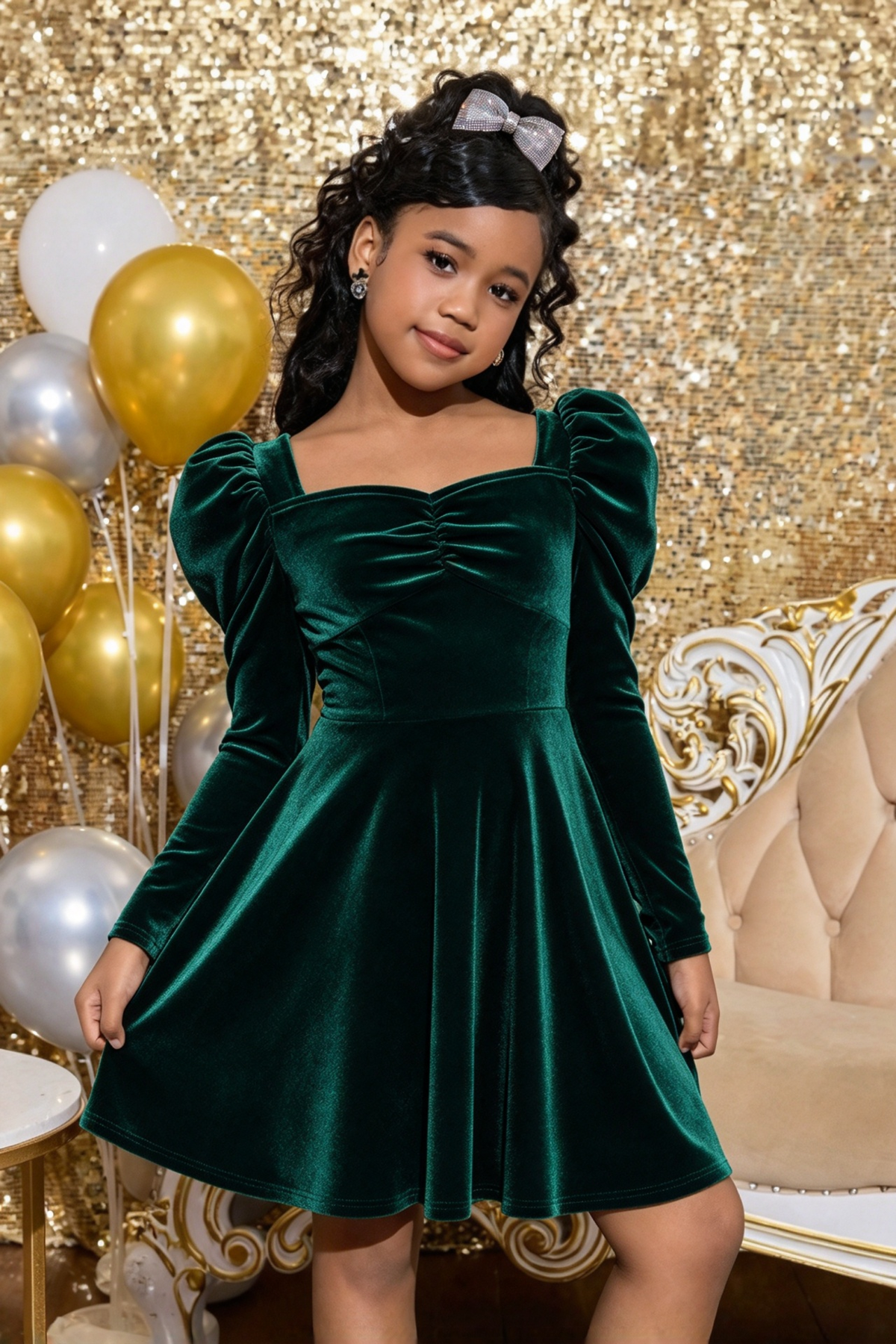 Burgundy Velvet Girls Puff Long Sleeve A-Line Formal Dress