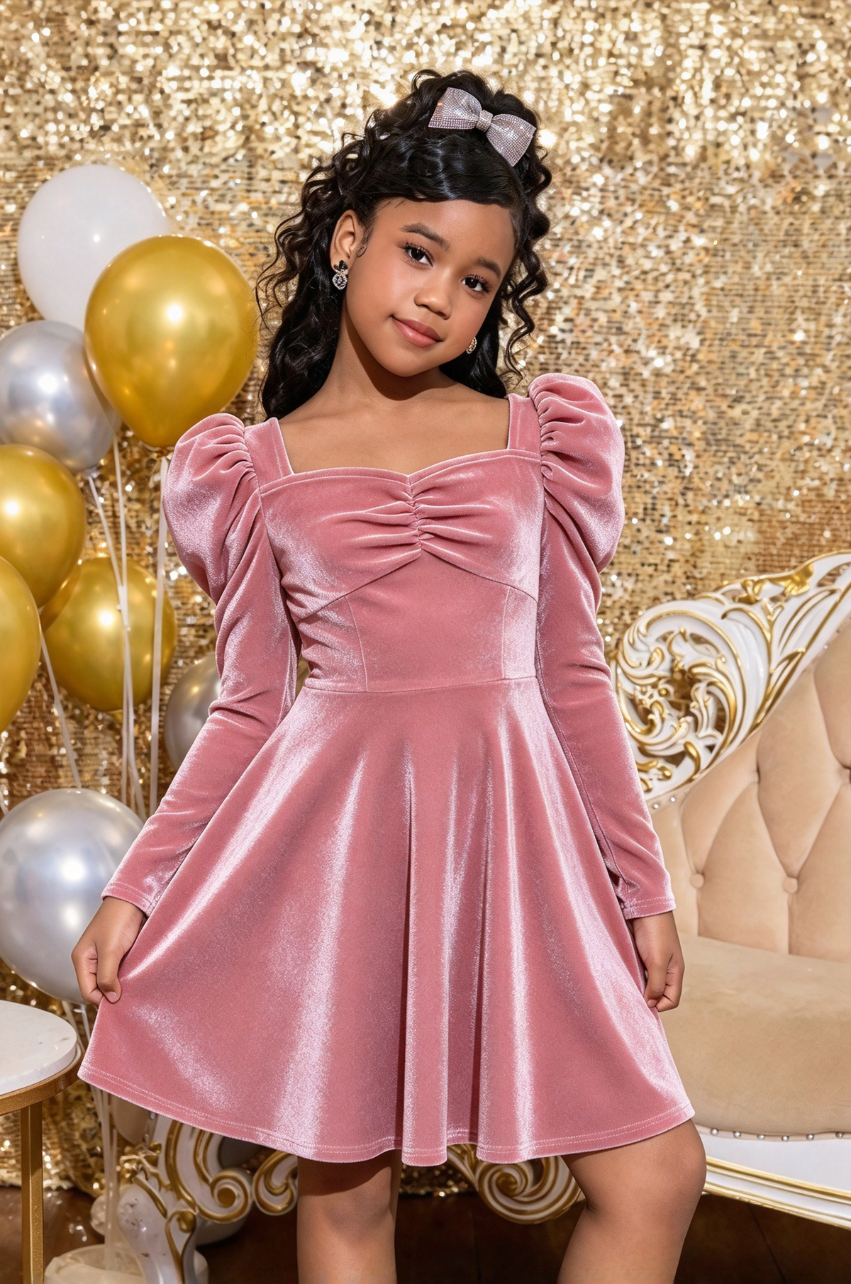 Burgundy Velvet Girls Puff Long Sleeve A-Line Formal Dress