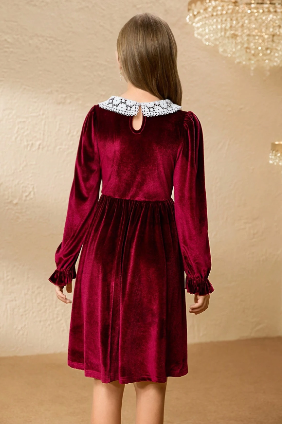 Olive Green Velvet Lace Peter Pan Collar Puff Sleeve A-Line Dress