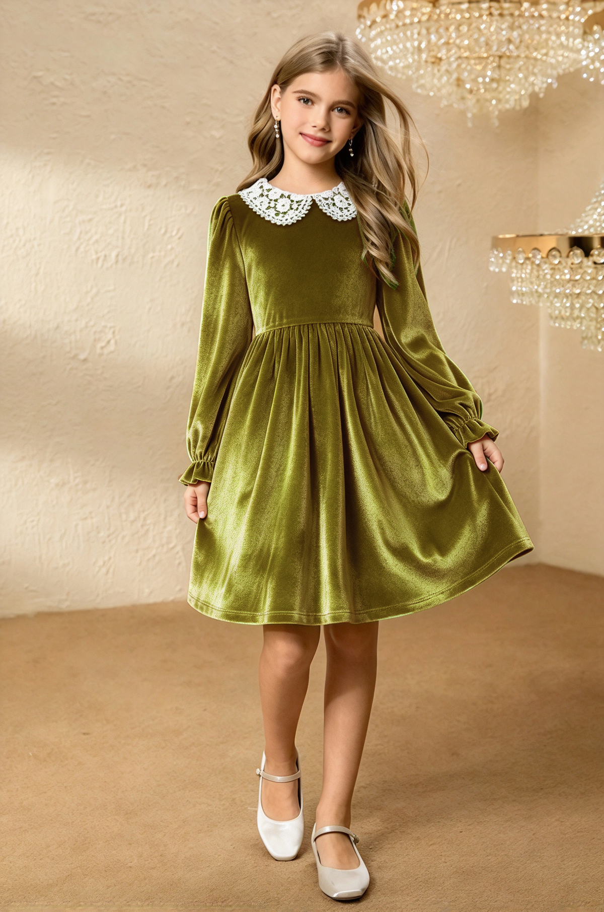 Olive Green Velvet Lace Peter Pan Collar Puff Sleeve A-Line Dress