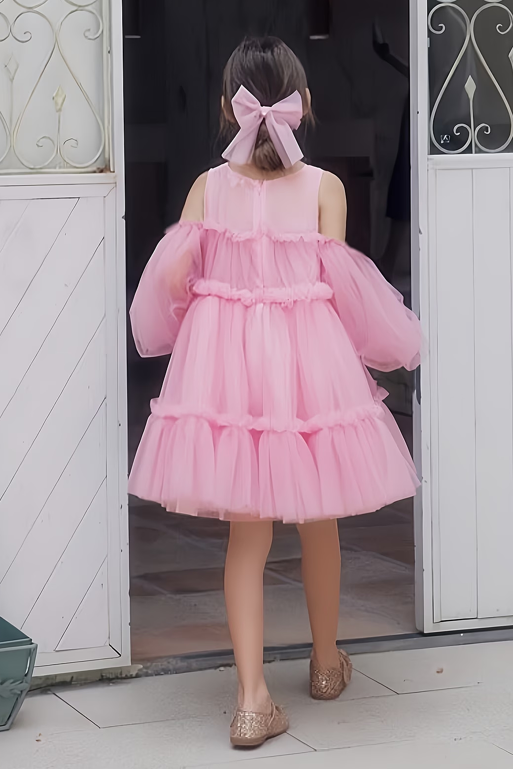 Pink Tulle Off Shoulder Puff Sleeve Tiered Cake A-Line Dress