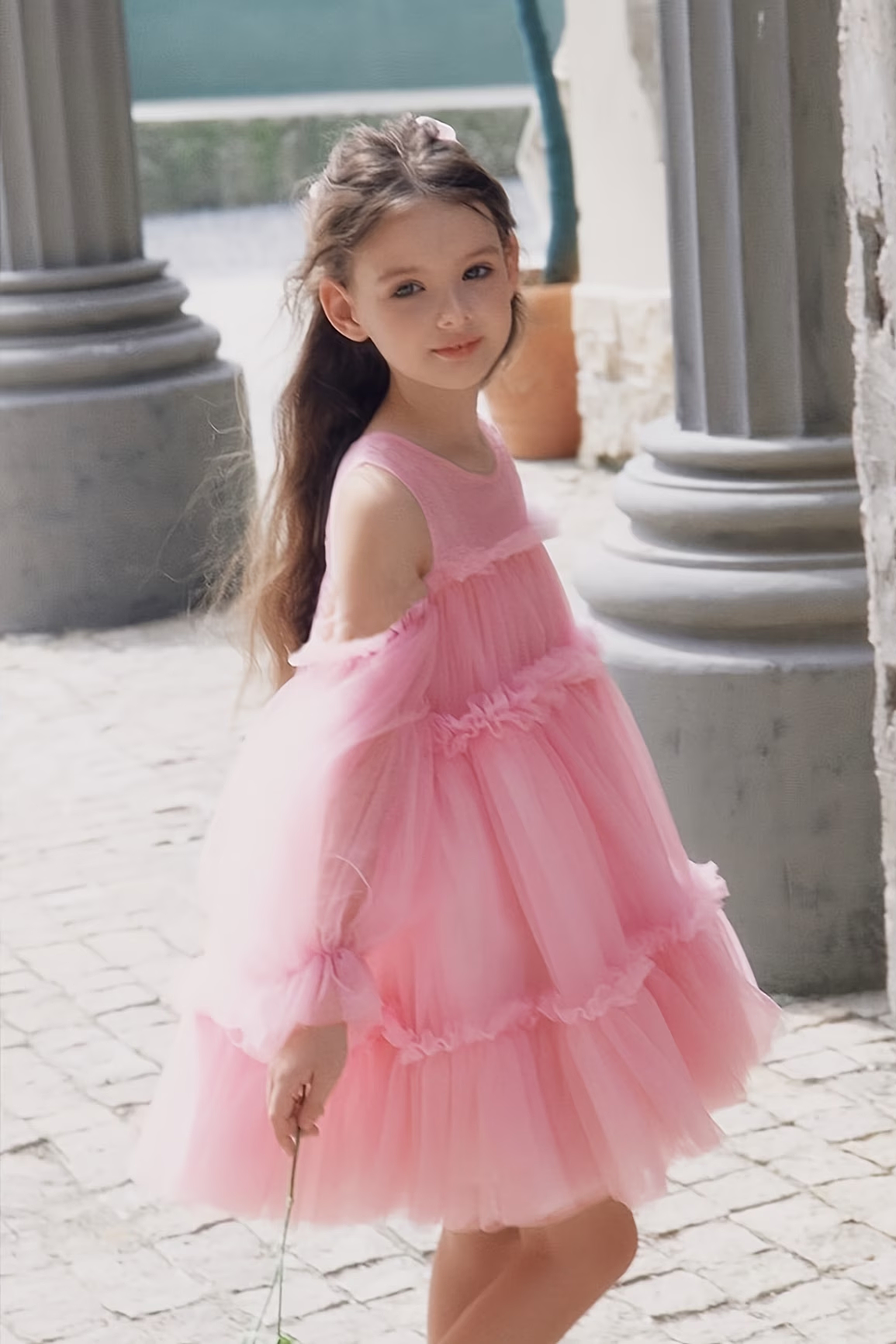 Pink Tulle Off Shoulder Puff Sleeve Tiered Cake A-Line Dress