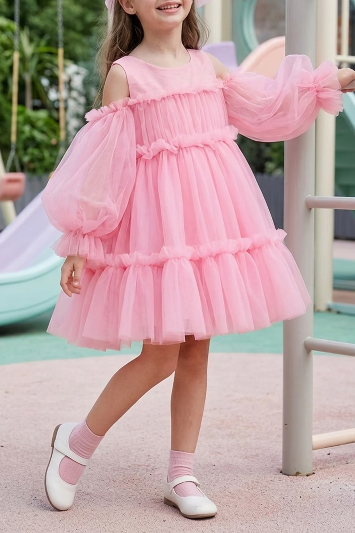 Pink Tulle Off Shoulder Puff Sleeve Tiered Cake A-Line Dress