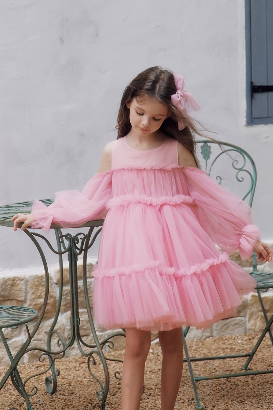 Pink Tulle Off Shoulder Puff Sleeve Tiered Cake A-Line Dress