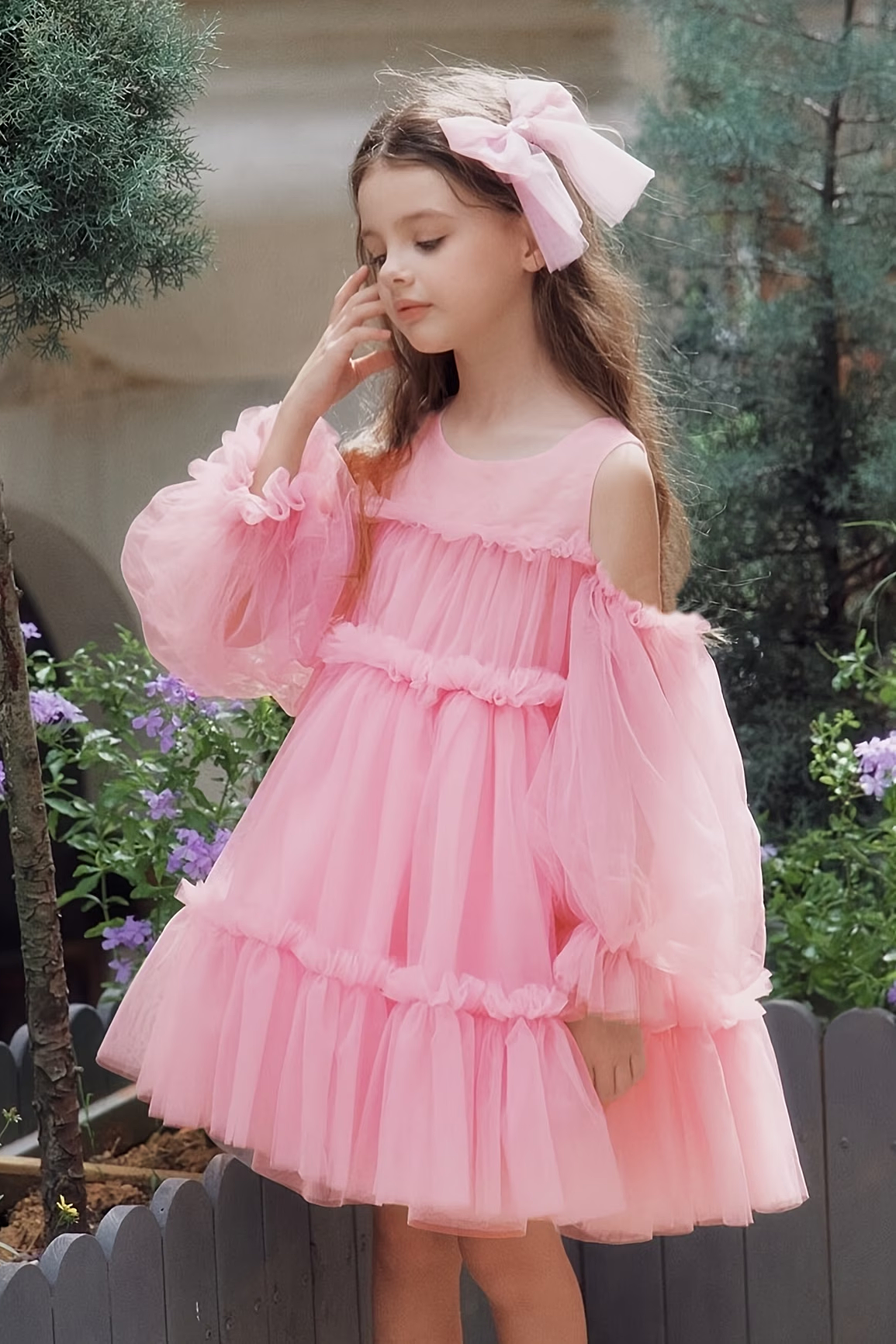 Pink Tulle Off Shoulder Puff Sleeve Tiered Cake A-Line Dress