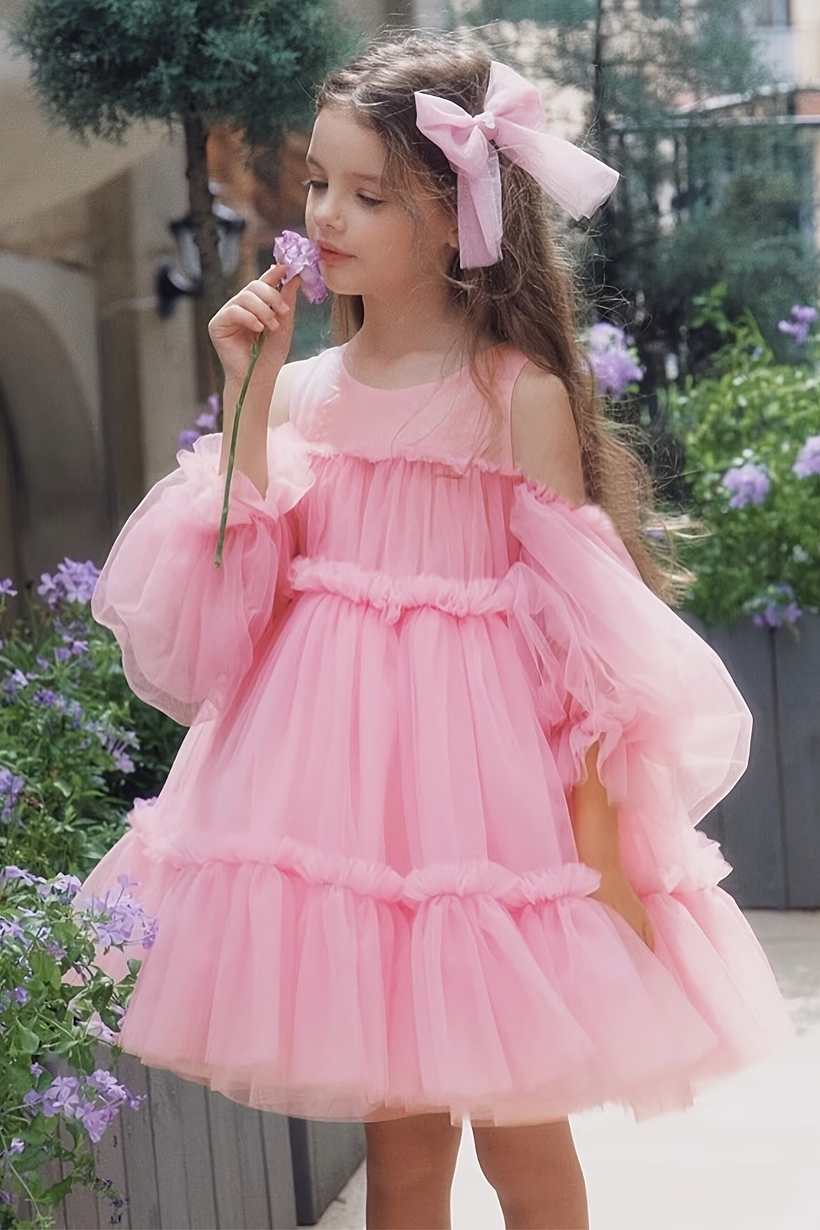 Pink Tulle Off Shoulder Puff Sleeve Tiered Cake A-Line Dress