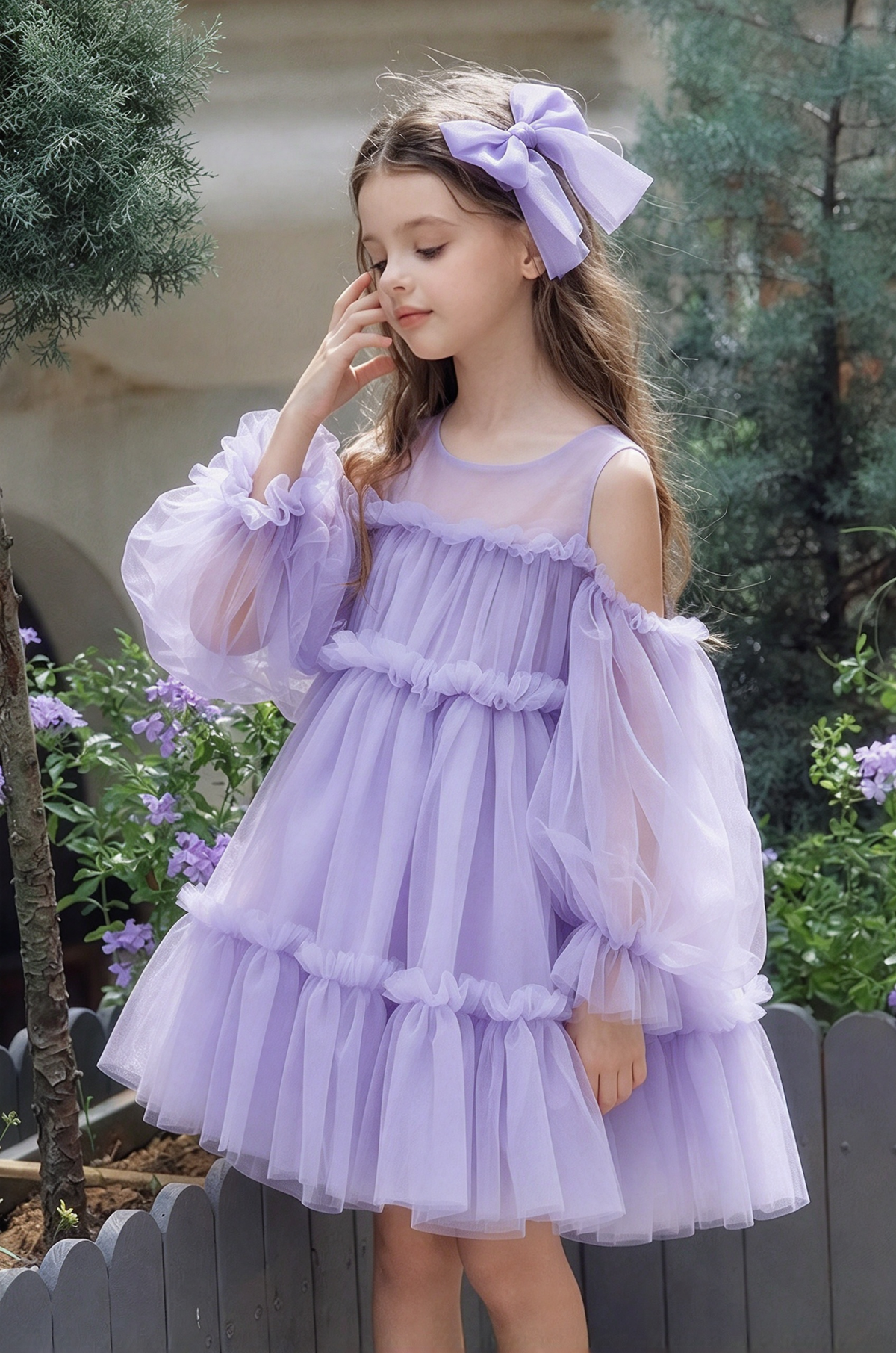 Pink Tulle Off Shoulder Puff Sleeve Tiered Cake A-Line Dress