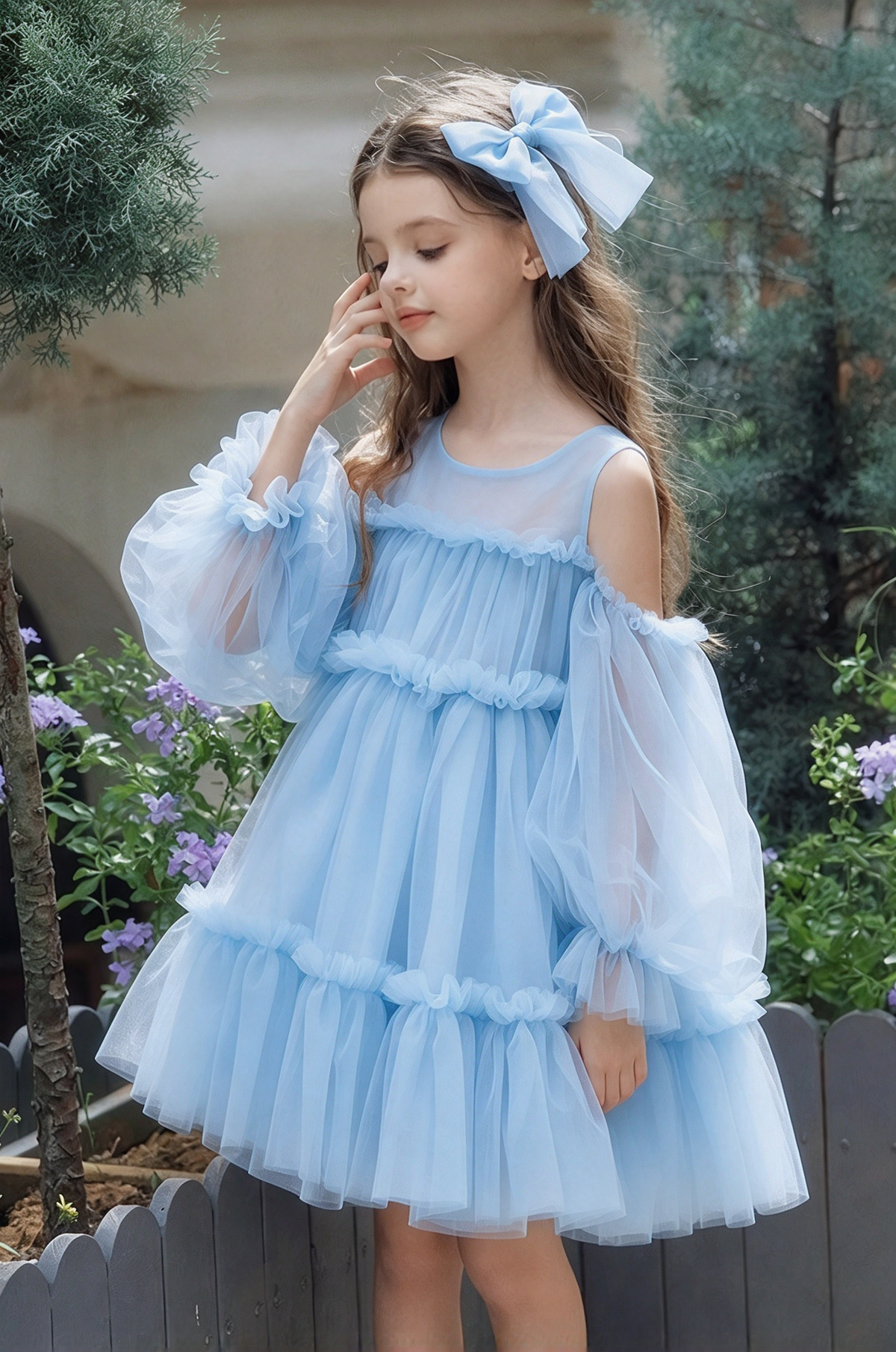 Pink Tulle Off Shoulder Puff Sleeve Tiered Cake A-Line Dress