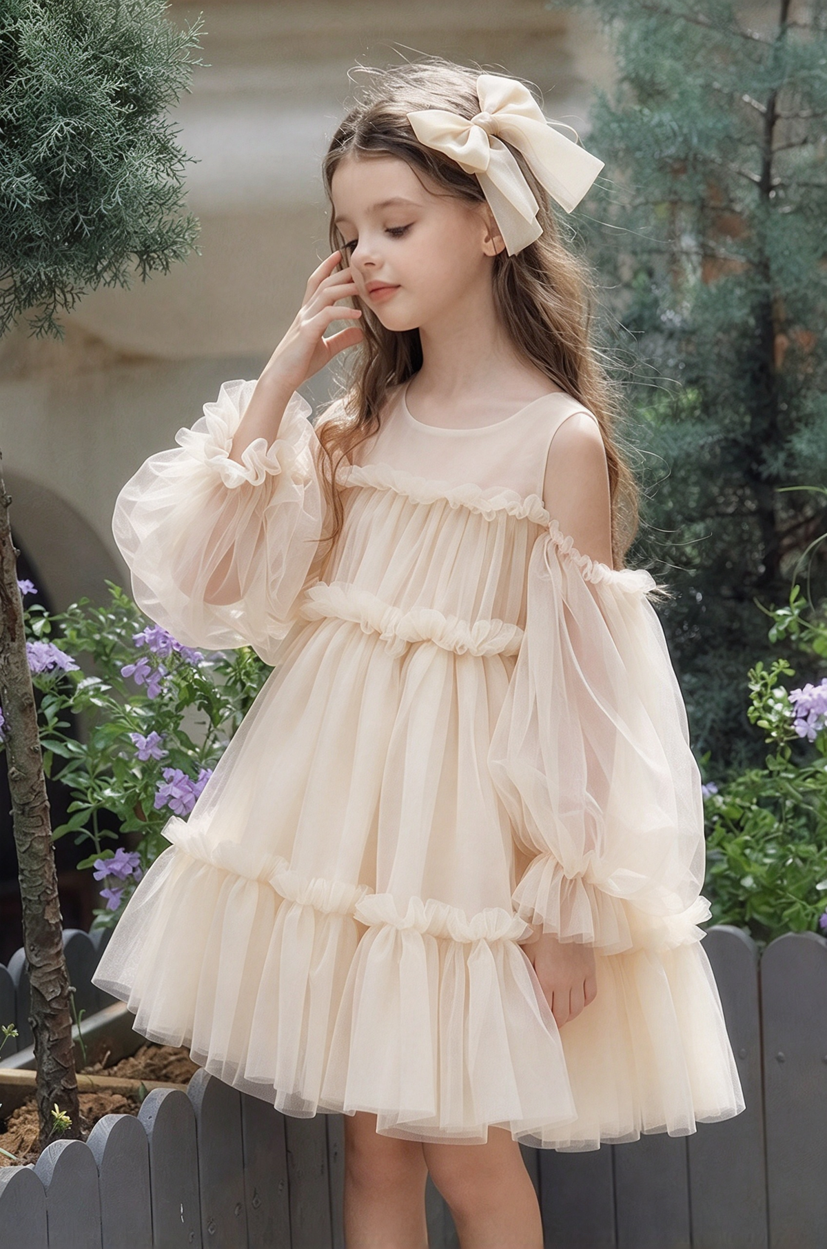 Pink Tulle Off Shoulder Puff Sleeve Tiered Cake A-Line Dress