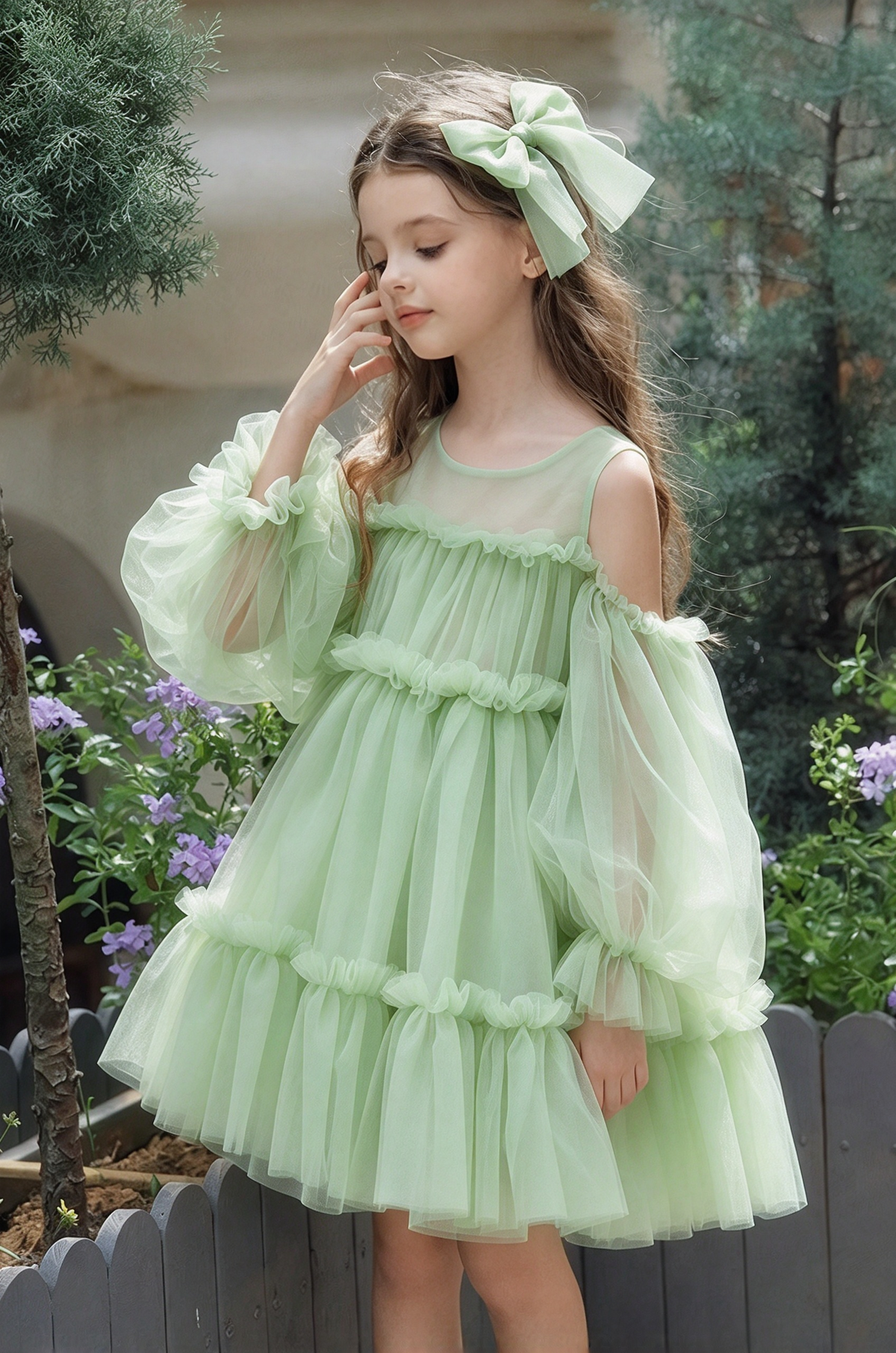 Pink Tulle Off Shoulder Puff Sleeve Tiered Cake A-Line Dress