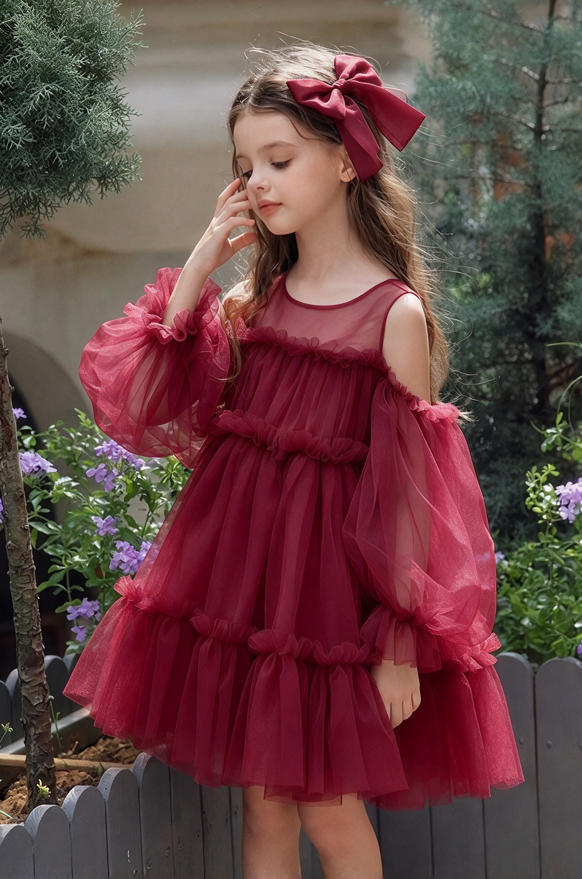 Pink Tulle Off Shoulder Puff Sleeve Tiered Cake A-Line Dress