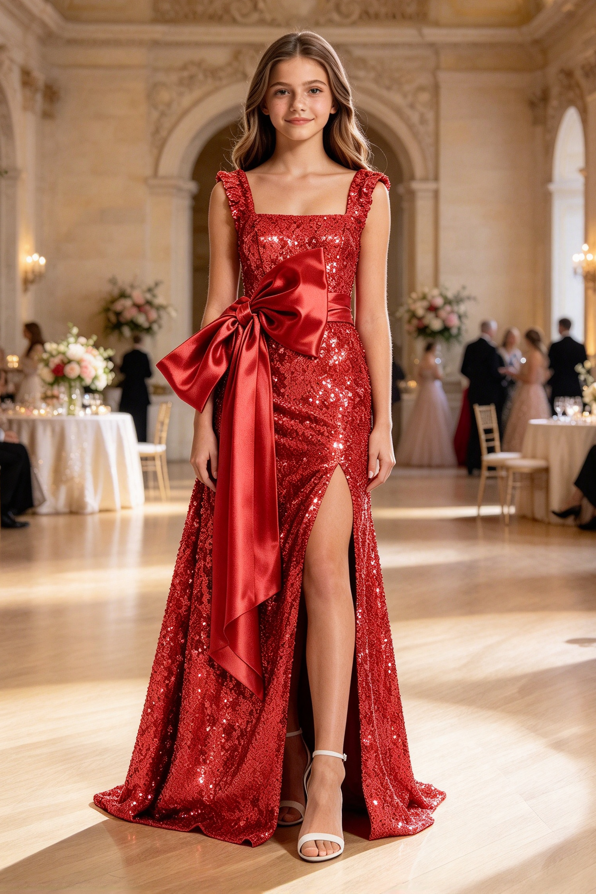 Champagne Sequin Lace Satin Bow Slit A-Line Girls Evening Dress