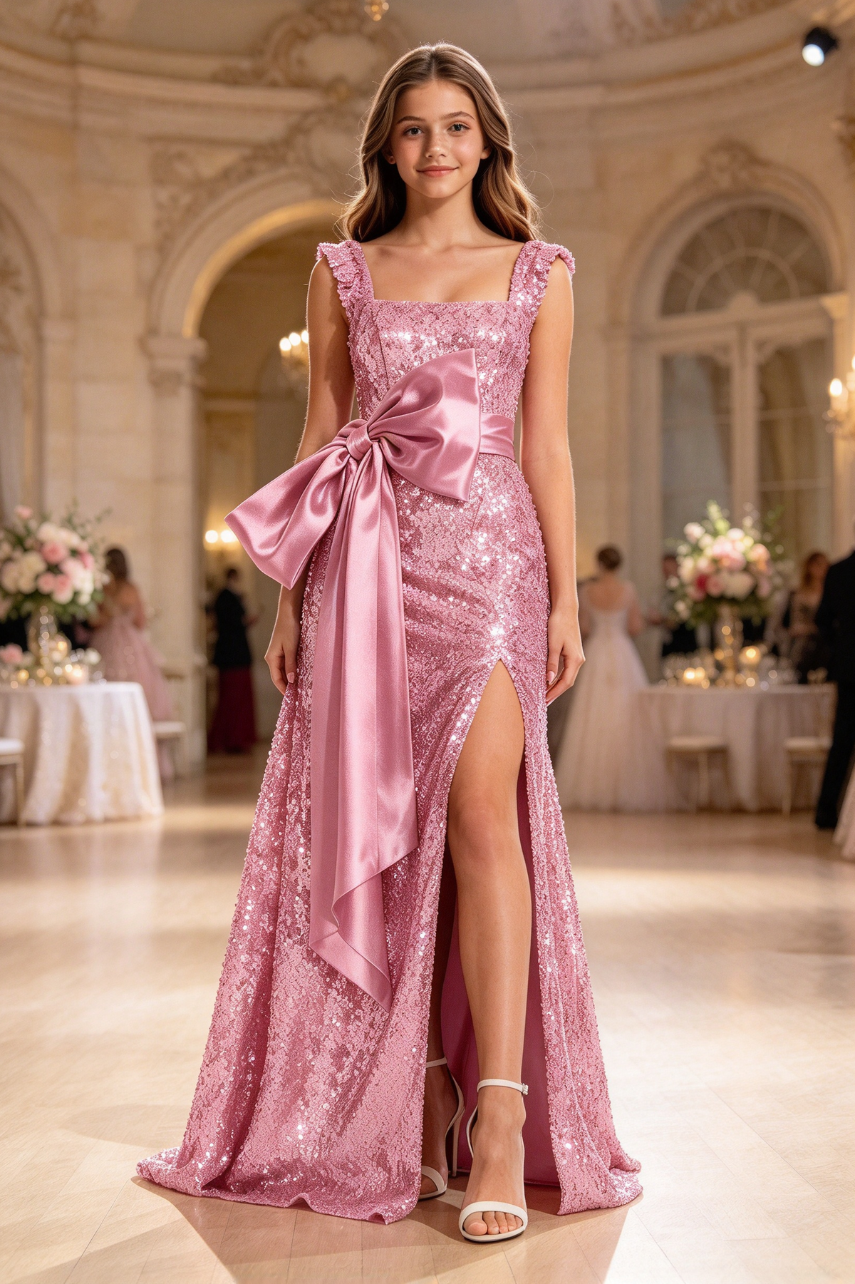 Champagne Sequin Lace Satin Bow Slit A-Line Girls Evening Dress