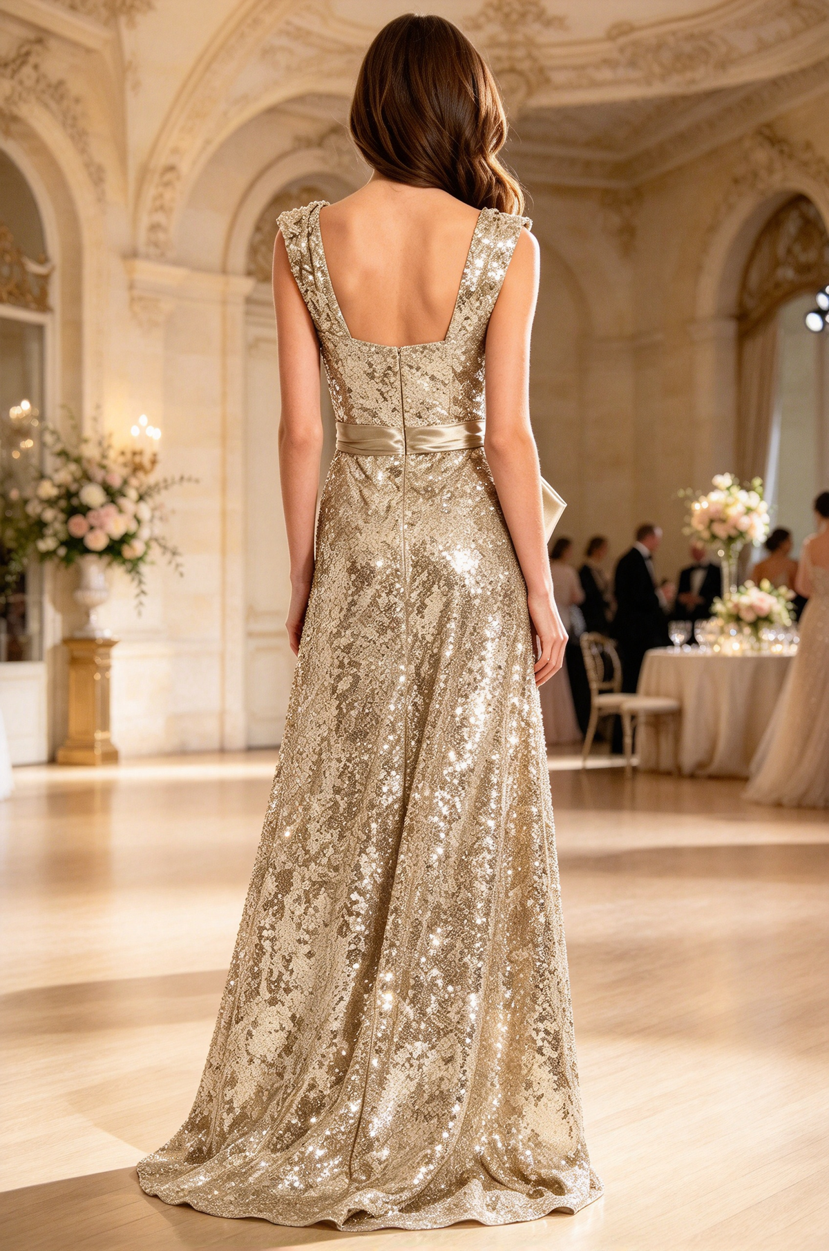 Champagne Sequin Lace Satin Bow Slit A-Line Girls Evening Dress