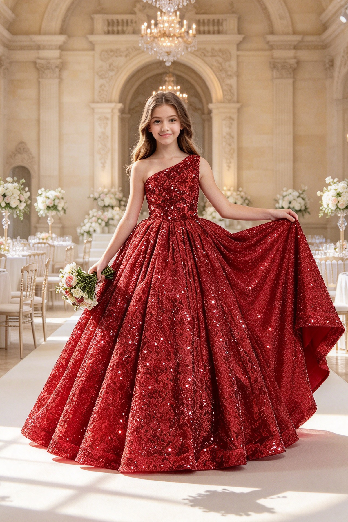 Red Sequin One Shoulder Satin Big Bow A-Line Evening Dress