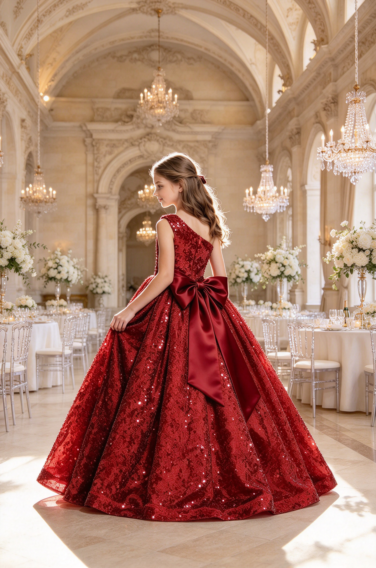 Red Sequin One Shoulder Satin Big Bow A-Line Evening Dress
