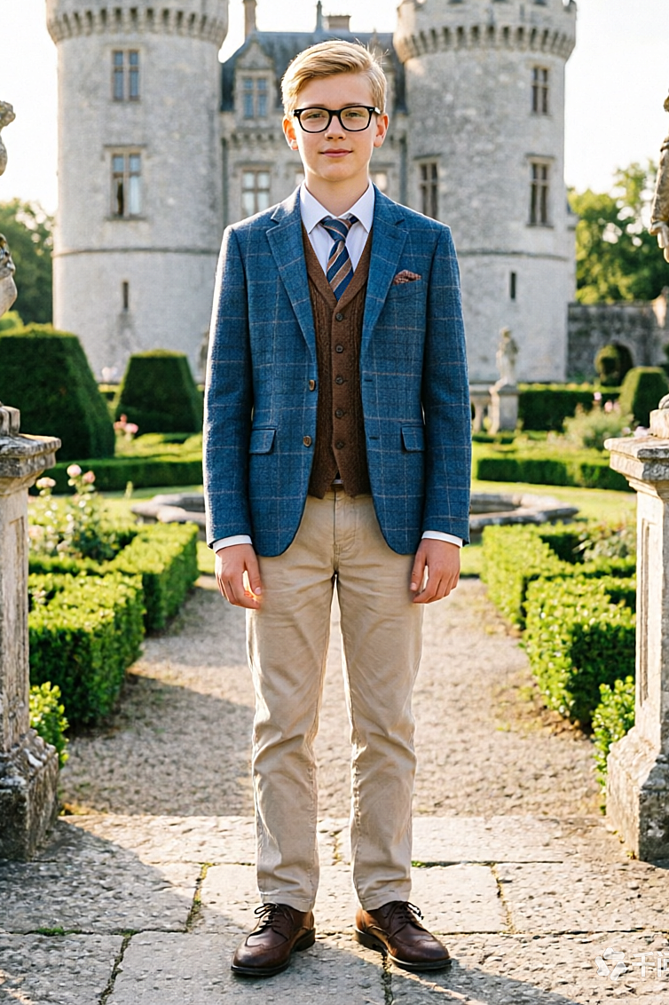 Blue Plaid Blazer + Brown Herringbone Vest + Beige Pants 3-Piece Set